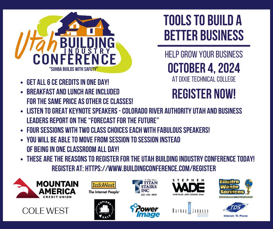 SUHBA's tweet photo. Register now to attend the 2024 Utah Building Industry Conference! https://t.co/r0Zga8ANao https://t.co/TF8cJZpZun