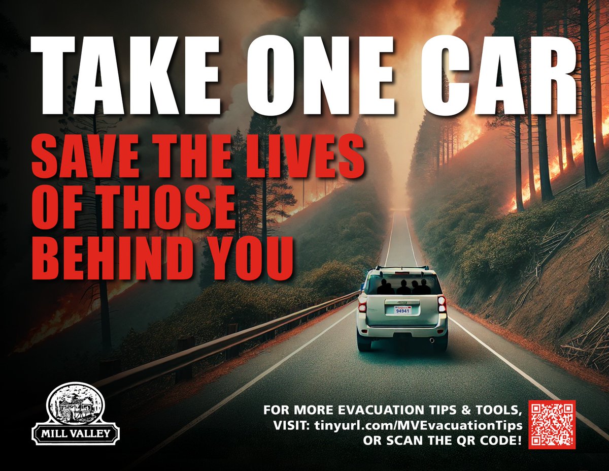 🔥Mill Valley Launches "Take One Car" Campaign 🚗
Using one car per household during wildfire evacuations can cut overall community evacuation time by nearly 2 hours, making it safer for everyone. Learn more about evacuation safety: cityofmillvalley.org/2142/Evacuatio…
