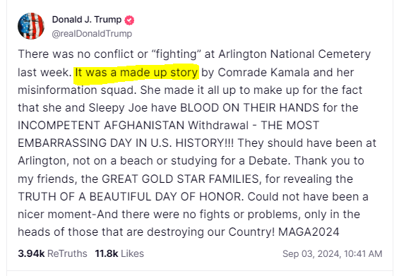 jamiedupree's tweet photo. Donald Trump is basically saying that the U.S. Army lied about what happened during his visit to Arlington National Cemetery. https://t.co/07rzVZRV5F