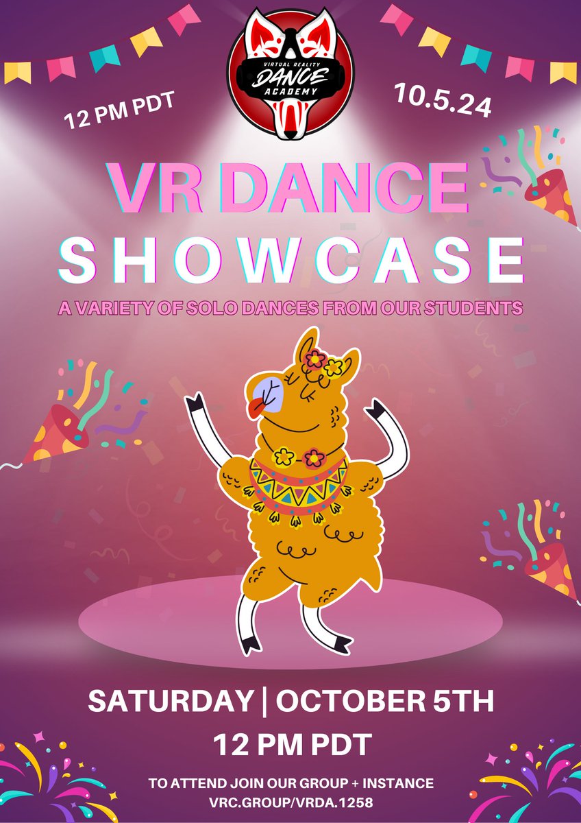 📅 Save the Date! Oct 5 at 12 PM PDT 🌟

Our Student Showcase is back, and this time it's all about dance solos! 

Our talented students have created their own dances for this special show. Come support and celebrate their growth as dancers!

🎉 #VRDA #VR #Dance #VRChat