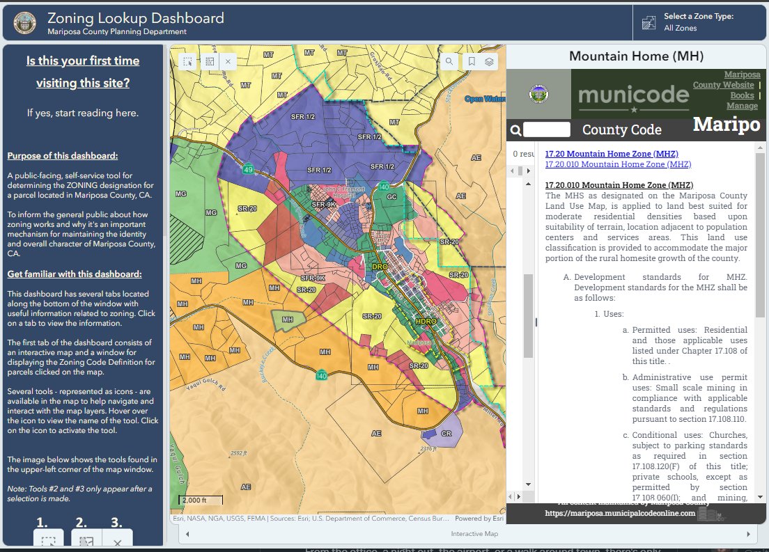Check out the newly approved public GIS Dashboard for looking up ZONING in #MariposaCounty. 

This valuable service is available to residents, visitors, and anyone else looking for Zoning info. 

Desktop:
mariposacounty.maps.arcgis.com/apps/dashboard…

Mobile:
'Coming soon'

#GIS #Esri #AGOL #Dashboard