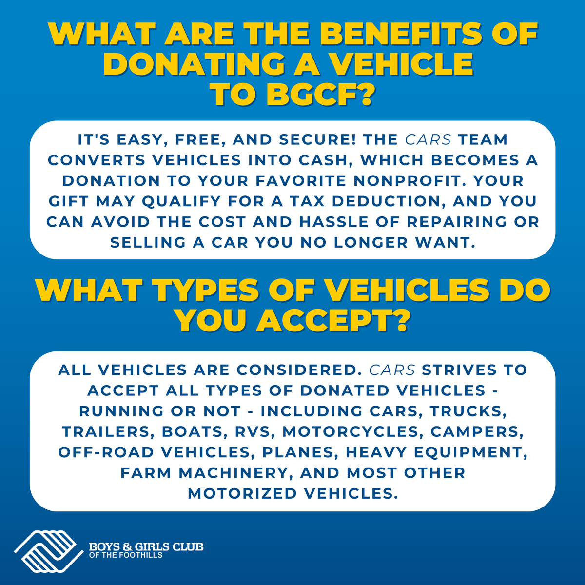 FoothillsBGC's tweet photo. Rev up your impact with a vehicle donation to benefit Boys &amp; Girls Club of the Foothills. By donating your vehicle to BGCF, you’re not just clearing out your driveway—you’re fueling Great Futures for youth in your community! 🚗 Swipe to learn more ➡️ https://t.co/CshK5tuQVp