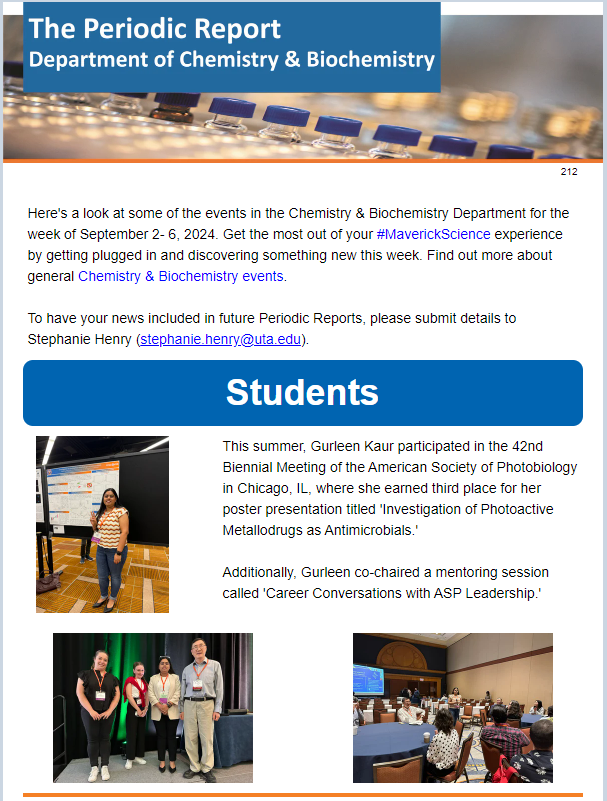UTAChemistry's tweet photo. Attention, chemistry enthusiasts! ๐งช Keep up-to-date with all the exciting developments happening in our department with our weekly newsletter!
UTA Chemistry & Biochemistry Department ๐ฌWeekly Periodic Report๐
#MaverickScience x
@UTAScience https://t.co/ctZ2hy5Cud