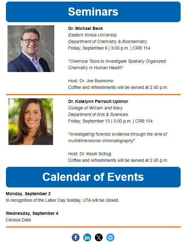 UTAChemistry's tweet photo. Attention, chemistry enthusiasts! ๐งช Keep up-to-date with all the exciting developments happening in our department with our weekly newsletter!
UTA Chemistry & Biochemistry Department ๐ฌWeekly Periodic Report๐
#MaverickScience x
@UTAScience https://t.co/ctZ2hy5Cud