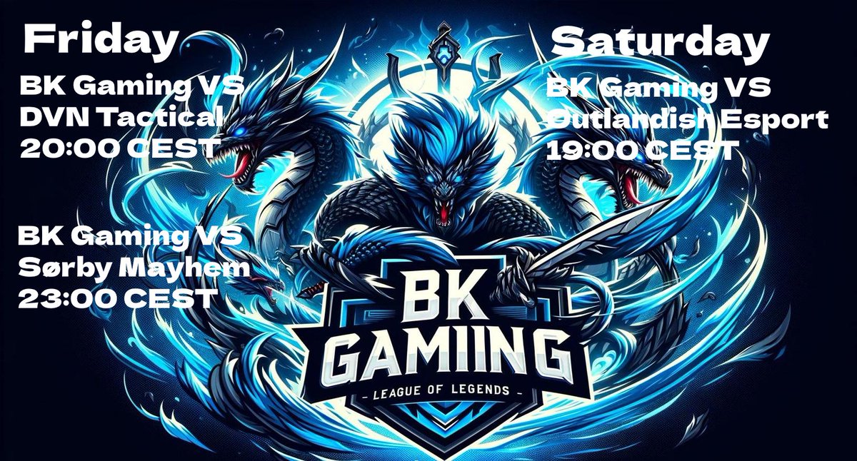 Our matches for the week! Turn in on twitch.tv/toften69, to watch it live!  

#BKGaming #GoBKGaming #CSD #EsportDanmark

<a href="/LoLDanmark/">LOL Danmark ligaen</a>