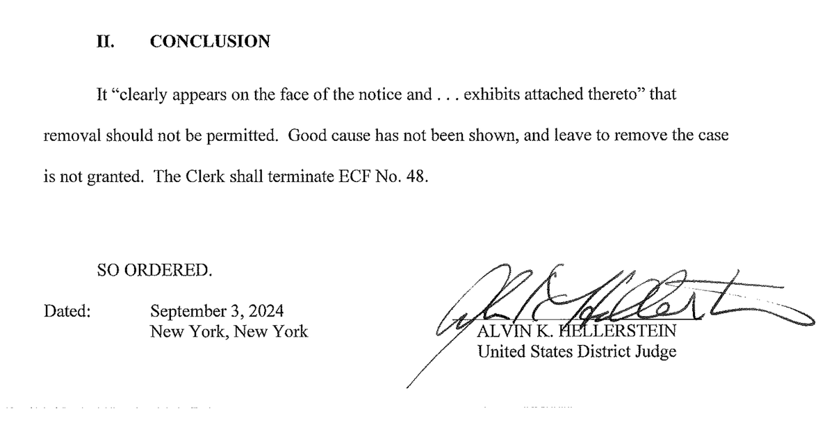 KlasfeldReports's tweet photo. News:

For a second time, Judge Hellerstein has REJECTED Trump's attempt to transfer his New York criminal case from state court to federal court. 

The decision removes one hurdle for Trump's scheduled Sept. 18 sentencing.

Here's the ruling. 🔗 https://t.co/FNm2IGgfuN https://t.co/kVri538lgM