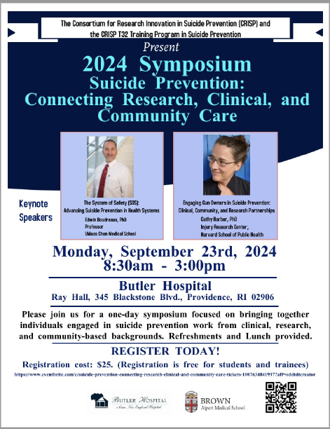 CRISP Suicide Prevention Consortium @Brown (@crispatbrown) on Twitter photo Registration is now live for our annual <a href="/CRISPatBrown/">CRISP Suicide Prevention Consortium @Brown</a> meeting! We are excited to welcome Drs. Ed Boudreaux and Cathy Barber as our invited plenary speakers, for a day of important dialogue on #SuicidePrevention. Mon, 09/23 <a href="/ButlerHospital/">Butler Hospital</a> Ray Hall.
eventbrite.com/e/suicide-prev… Registration is now live for our annual <a href="/CRISPatBrown/">CRISP Suicide Prevention Consortium @Brown</a> meeting! We are excited to welcome Drs. Ed Boudreaux and Cathy Barber as our invited plenary speakers, for a day of important dialogue on #SuicidePrevention. Mon, 09/23 <a href="/ButlerHospital/">Butler Hospital</a> Ray Hall.
eventbrite.com/e/suicide-prev…