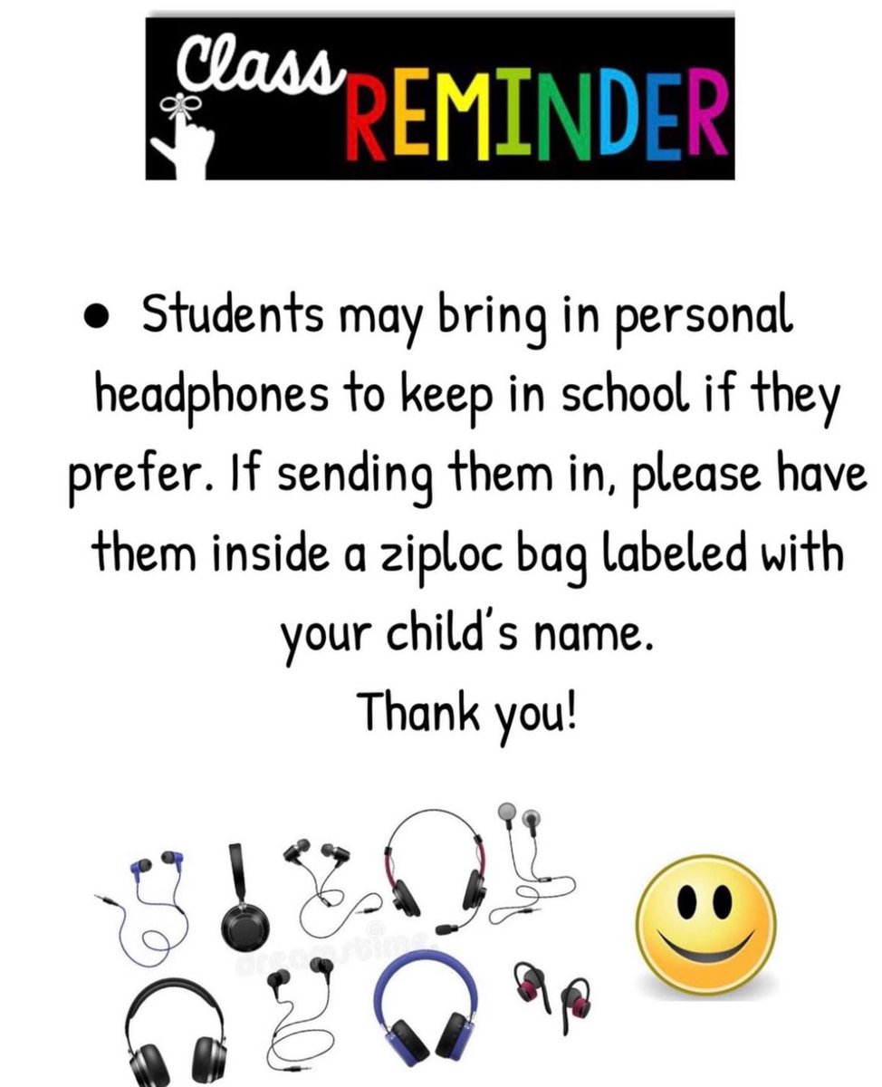 Mrs. Criscitello (@magicinthird) on Twitter photo Hello everyone! ๐
Please see the above notice if students would like to bring in their own headphones to keep at school to use each day. ๐ ๐ง๐ป <a href="/MRSroadrunners/">Middle Road School</a> Hello everyone! ๐
Please see the above notice if students would like to bring in their own headphones to keep at school to use each day. ๐ ๐ง๐ป <a href="/MRSroadrunners/">Middle Road School</a>