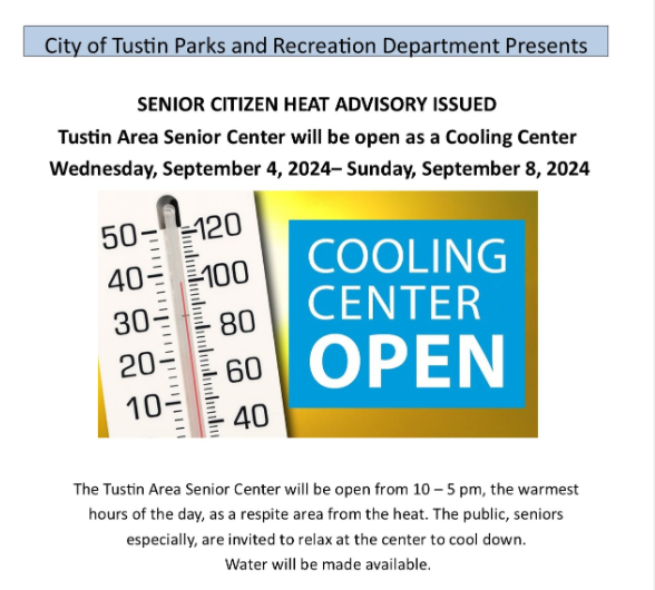 CityofTustin's tweet photo. Beginning Wednesday, 9/4, &amp; lasting through Sunday, 9/8, &amp; longer should temperatures sustain 95 degrees or higher, the Tustin Area Senior Center (TASC) will be open from 10 am – 5 pm, as a respite area from the heat. 

The TASC is located at 200 South C Street https://t.co/NFdqC2eoW1