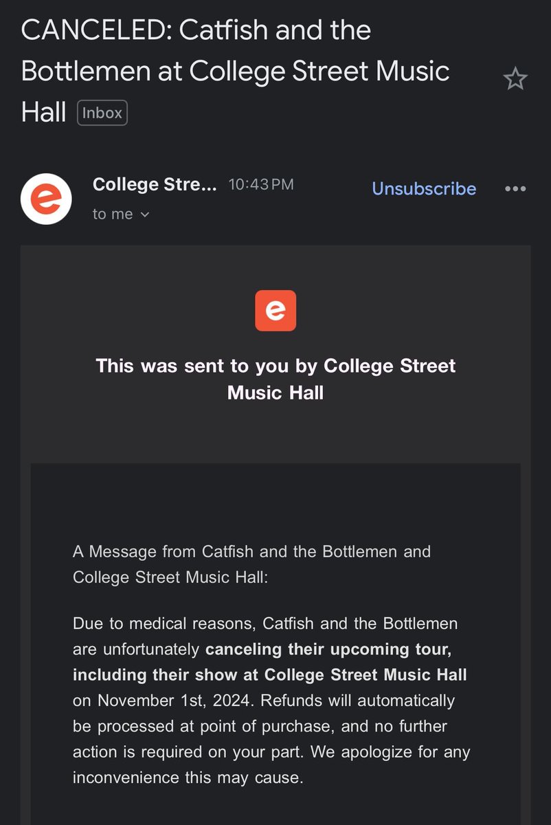catbupdates_'s tweet photo. this is an email sent from one of the venues they were playing on their north american tour:

“due to medical reasons, catfish and the bottlemen are unfortunately cancelling their upcoming tour”

if you have tickets please await confirmation from the venue https://t.co/Dw13rTGZJY