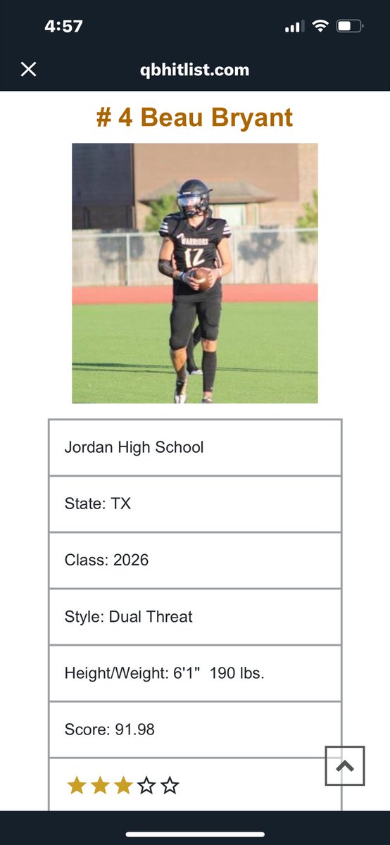 Ranked 4th in the state of TX! Big thanks to <a href="/QBHitList/">QBHitList.com</a>. <a href="/JHSWarriors_FB/">Katy Jordan Football</a> <a href="/SeanUnfiltered/">Sean Salisbury</a> <a href="/therealTUI/">Marques Tuiasosopo</a> @TTUKirkBryant