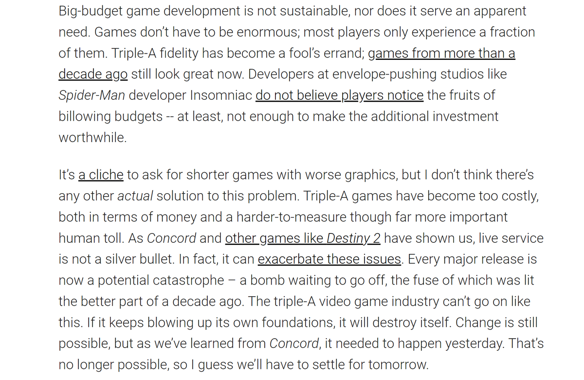 Vahn16's tweet photo. concord didn't fail bc of diversity or bc live service games are a dead end. instead, publishers are trying to use live service to paper over the unsustainability of their development practices. you can't solve unsustainability with more unsustainability

https://t.co/oQRRcFFZUD https://t.co/osYxR4Uj4T