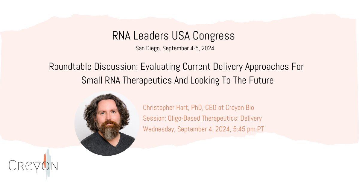 Creyon Bio (@creyonbio) on Twitter photo Our CEO <a href="/chrihart/">Chris Hart</a> will join a roundtable discussion at the #RNALeaders Congress on the delivery of small RNA therapeutics.
At Creyon Bio, we're reinventing oligonucleotide-based medicines through our innovative approach to drug development.
Join us: brnw.ch/21wMjDF Our CEO <a href="/chrihart/">Chris Hart</a> will join a roundtable discussion at the #RNALeaders Congress on the delivery of small RNA therapeutics.
At Creyon Bio, we're reinventing oligonucleotide-based medicines through our innovative approach to drug development.
Join us: brnw.ch/21wMjDF