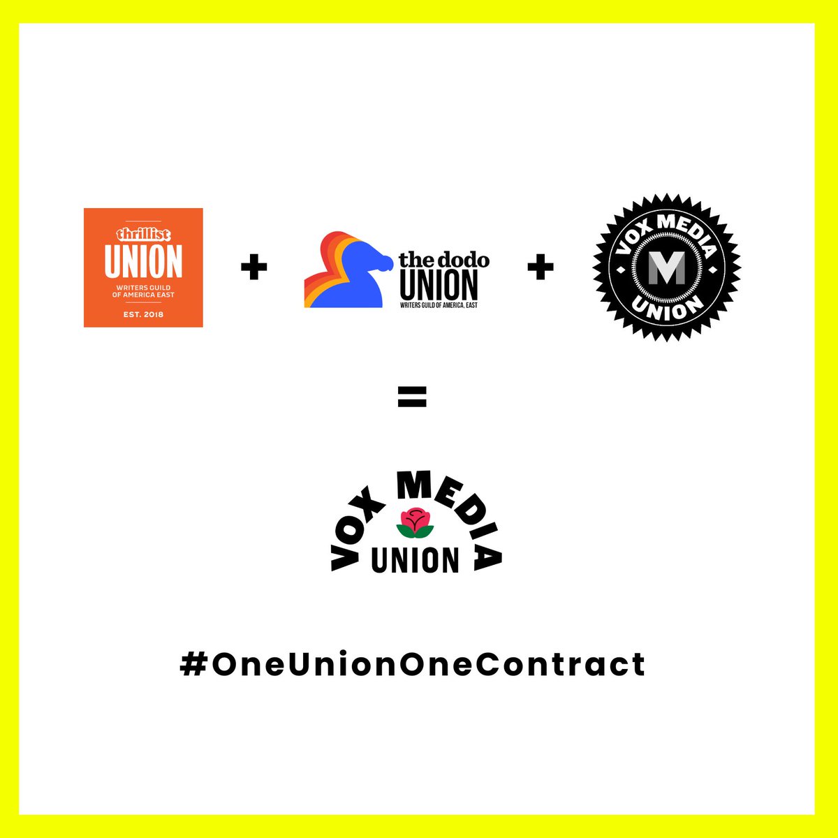 Writers Guild of America East (@wgaeast) on Twitter photo WGAE members at <a href="/thedodounion/">The Dodo Union</a> and @Thrillistunion are engaging in a one-day strike TOMORROW. Management has withheld raises and promotions from members at The Dodo & Thrillist — despite giving them to their other @VoxMedia colleagues. Enough is enough. #OneUnionOneContract now! WGAE members at <a href="/thedodounion/">The Dodo Union</a> and @Thrillistunion are engaging in a one-day strike TOMORROW. Management has withheld raises and promotions from members at The Dodo & Thrillist — despite giving them to their other @VoxMedia colleagues. Enough is enough. #OneUnionOneContract now!