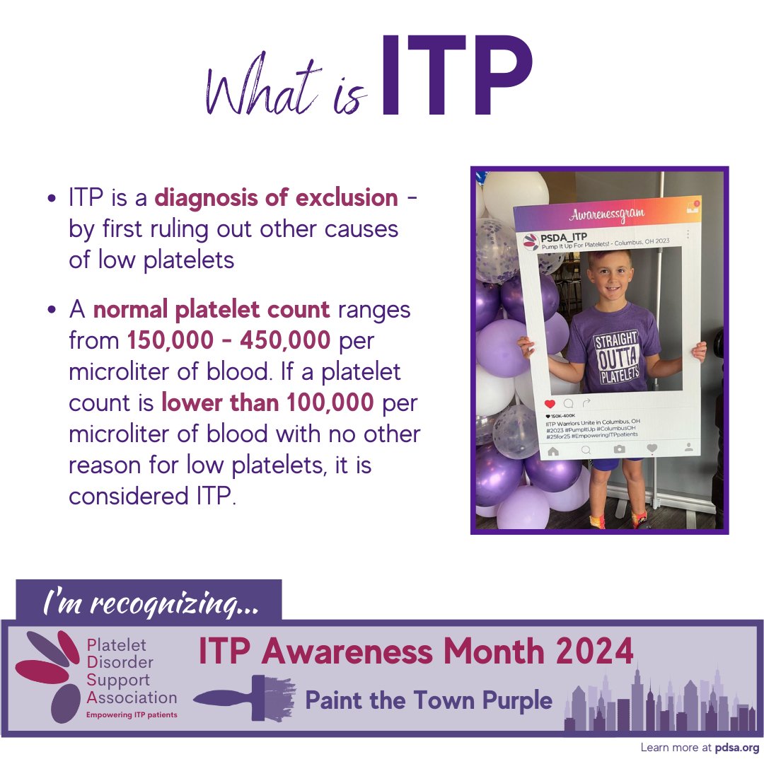 Immune Thrombo-cyto-pe-nia (ITP) is a rare autoimmune condition characterized by a low platelet count.  Platelets are cells in the blood that help stop bleeding and a decrease in platelets can cause easy bruising, bleeding gums, and internal bleeding. 
#itp #itpawareness #pdsa