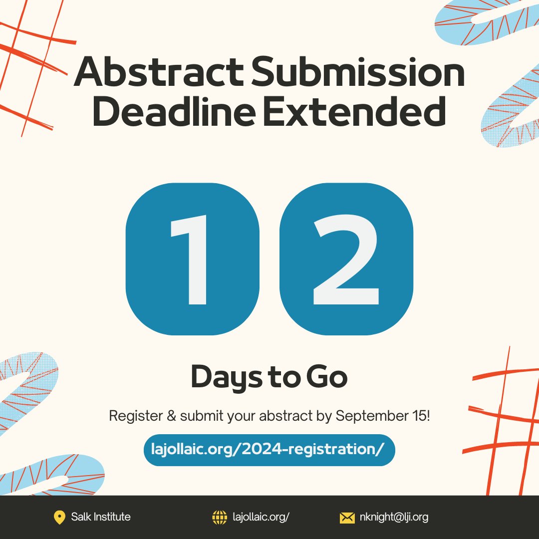 lajollaic's tweet photo. The deadline to submit an abstract for the LJIC has been extended to September 15 at midnight PST. Don't Delay! Register and submit your abstract today at https://t.co/9NW7QJMtxL #ljic #salk #lji #ucsd #scrippsresearch #immunology https://t.co/0FZWuSm5Uh
