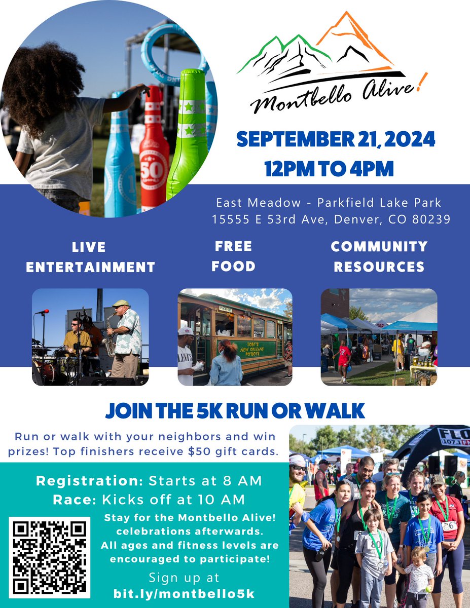 MontbelloOrg's tweet photo. Join us for the 9th Annual Montbello Alive! celebration!
Start the day with a fun 5K for runners, walkers, and families. Register here: https://t.co/Khldq0NDd8
Live Entertainment,
Free Food,Fun games,
Community Resources! https://t.co/VbCKYZgLCL