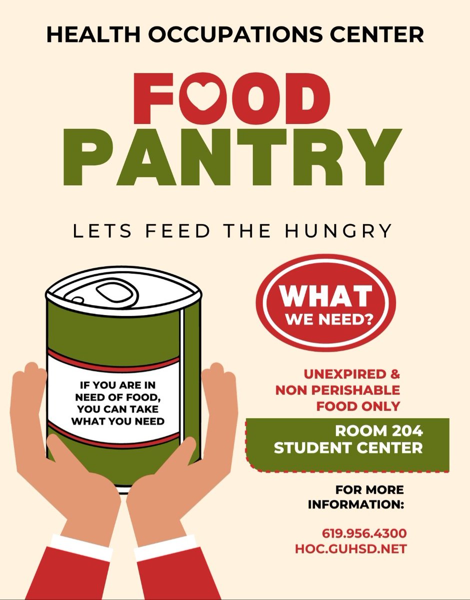 #HOC Donate to our food pantry today 😁We need unexpired perishable food items that we could share in our Student Center! 

Thank you in advance for making a donation❤️‍🩹