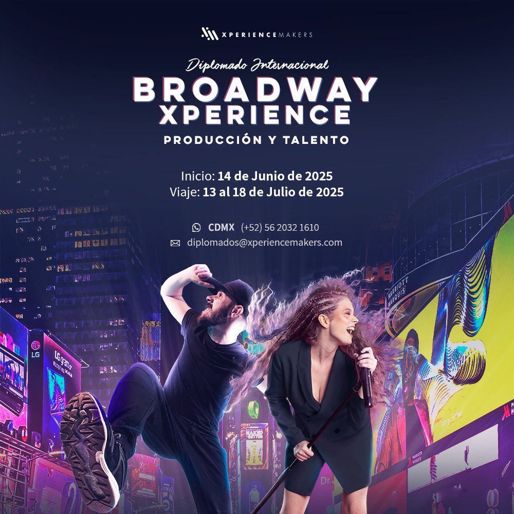 ¡Inscripciones abiertas al Diplomado Internacional Broadway Xperience en Nueva York, USA 2025! 🗽

Elige entre dos áreas de especialización:  
1) Producción y Creación Teatral. 🎧 🎭
2) Talento: Canto / Danza / Actuación. 🎤🕺