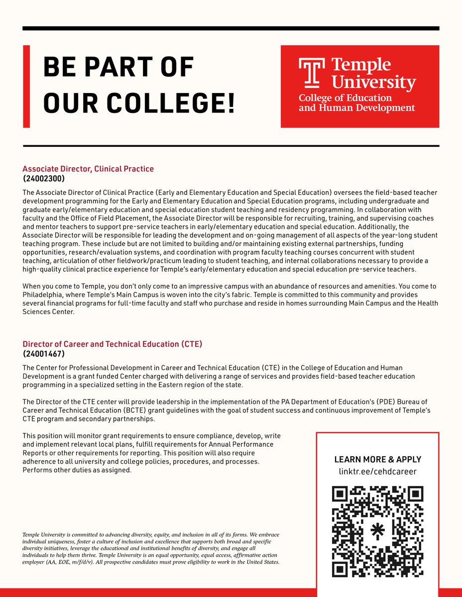 Join an exciting and dynamic group of education professionals! <a href="/templecehd/">Temple College of Education and Human Development</a>