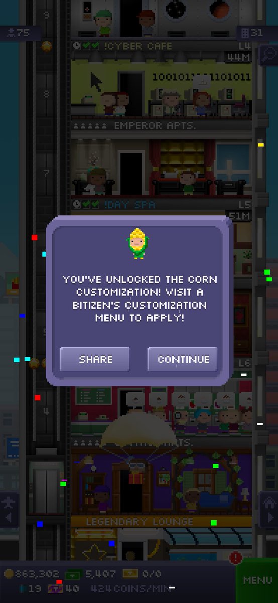 I just unlocked the corn customization in Tiny Tower!