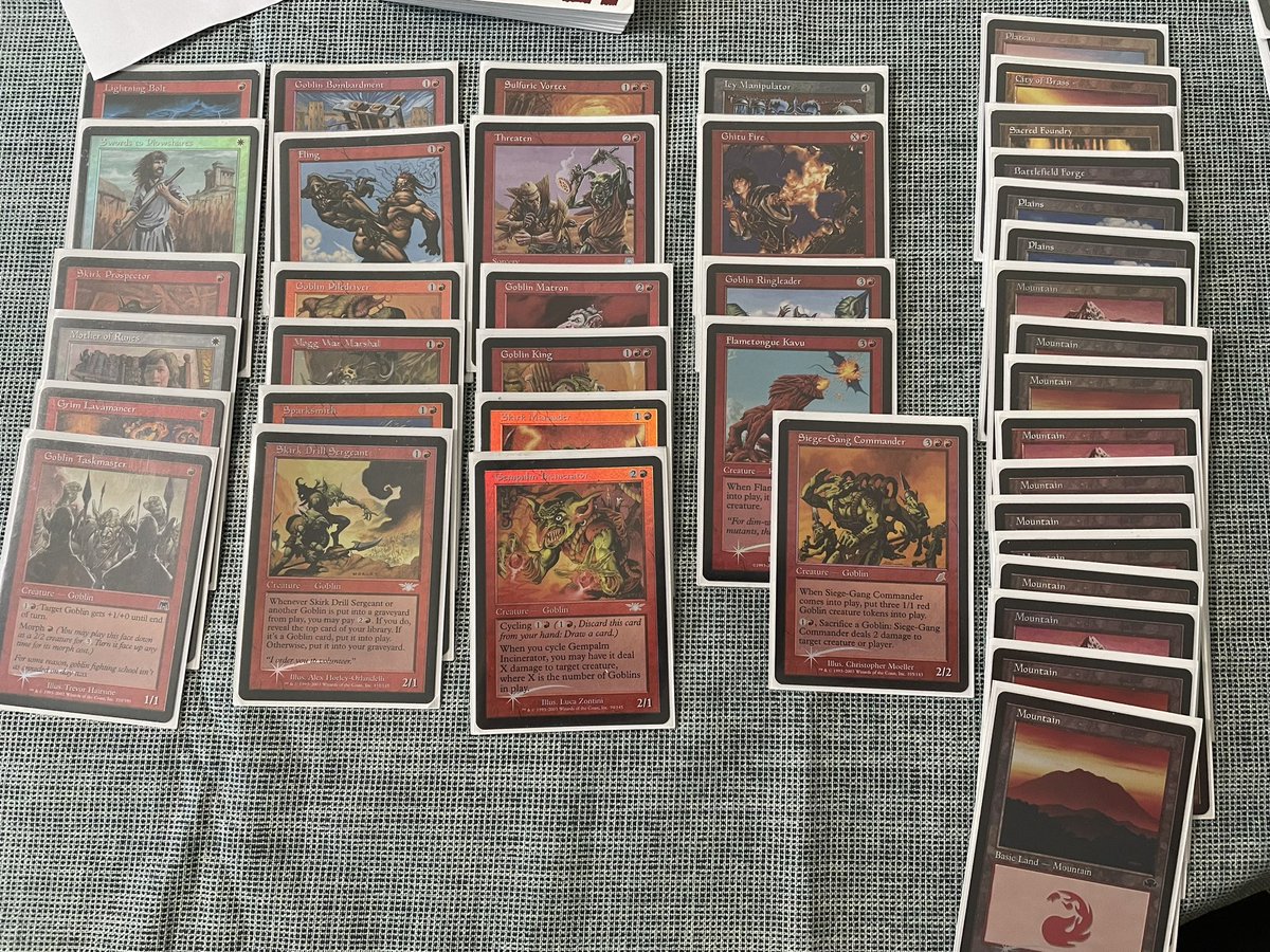 izzetskill's tweet photo. Ended up in Mono Red off of P1P1 Goblin Bombardment for pod 1. Went 1-2 due to strong opponents, some misplays, and unfavorable matchups. I still enjoyed getting reps in with a less familiar card pool, as well as looking at the shiny cardboard 😍🔥✨ https://t.co/wNdVzo17Mi