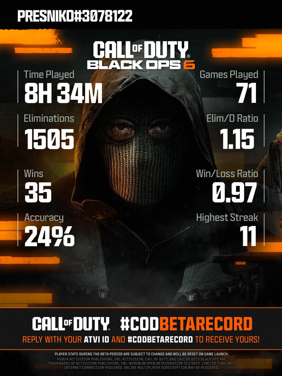 CallofDuty's tweet photo. @presniko @presniko Here's your #CODBetaRecord! 

No matter your stats, you can always improve and submit for a new report! Who's the best in your squad? https://t.co/pi26dy50G6