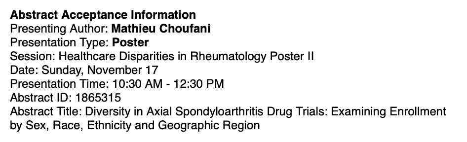 Mathieu Choufani (@m_choufani) on Twitter photo My abstract was accepted! Excited to meet fellow Rheumies at #ACR2024 in D.C.!
Huge thanks to <a href="/Wissam_Ghusn/">Wissam Ghusn</a> and <a href="/JoergErmann/">Joerg Ermann</a> for their mentorship on this one! My abstract was accepted! Excited to meet fellow Rheumies at #ACR2024 in D.C.!
Huge thanks to <a href="/Wissam_Ghusn/">Wissam Ghusn</a> and <a href="/JoergErmann/">Joerg Ermann</a> for their mentorship on this one!