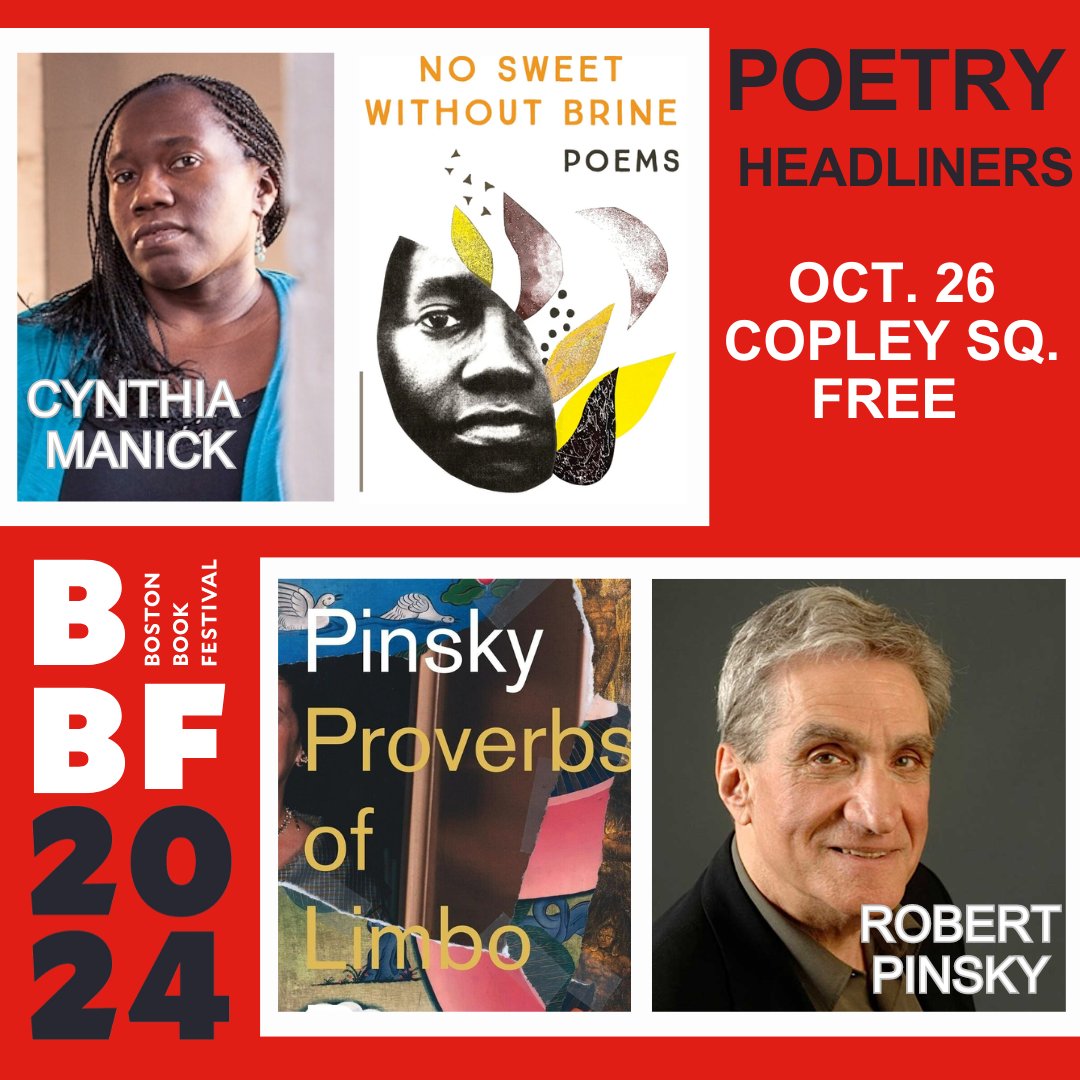 Meet our two Poetry Headliners!!  📝📚 

We're thrilled to welcome Cynthia Manick and Robert Pinsky to Copley Square on October 26th. 

Stay tuned for more!

#bbfreveal #bostonbookfestival #poetry #poetrycommunity #poetrylovers <a href="/GBH/">GBH</a> <a href="/GI_Boston/">Goethe-Institut BOS</a> <a href="/cmanick/">Cynthia Manick - Poetry & Philanthropy</a> <a href="/RobertPinsky/">Robert Pinsky</a>