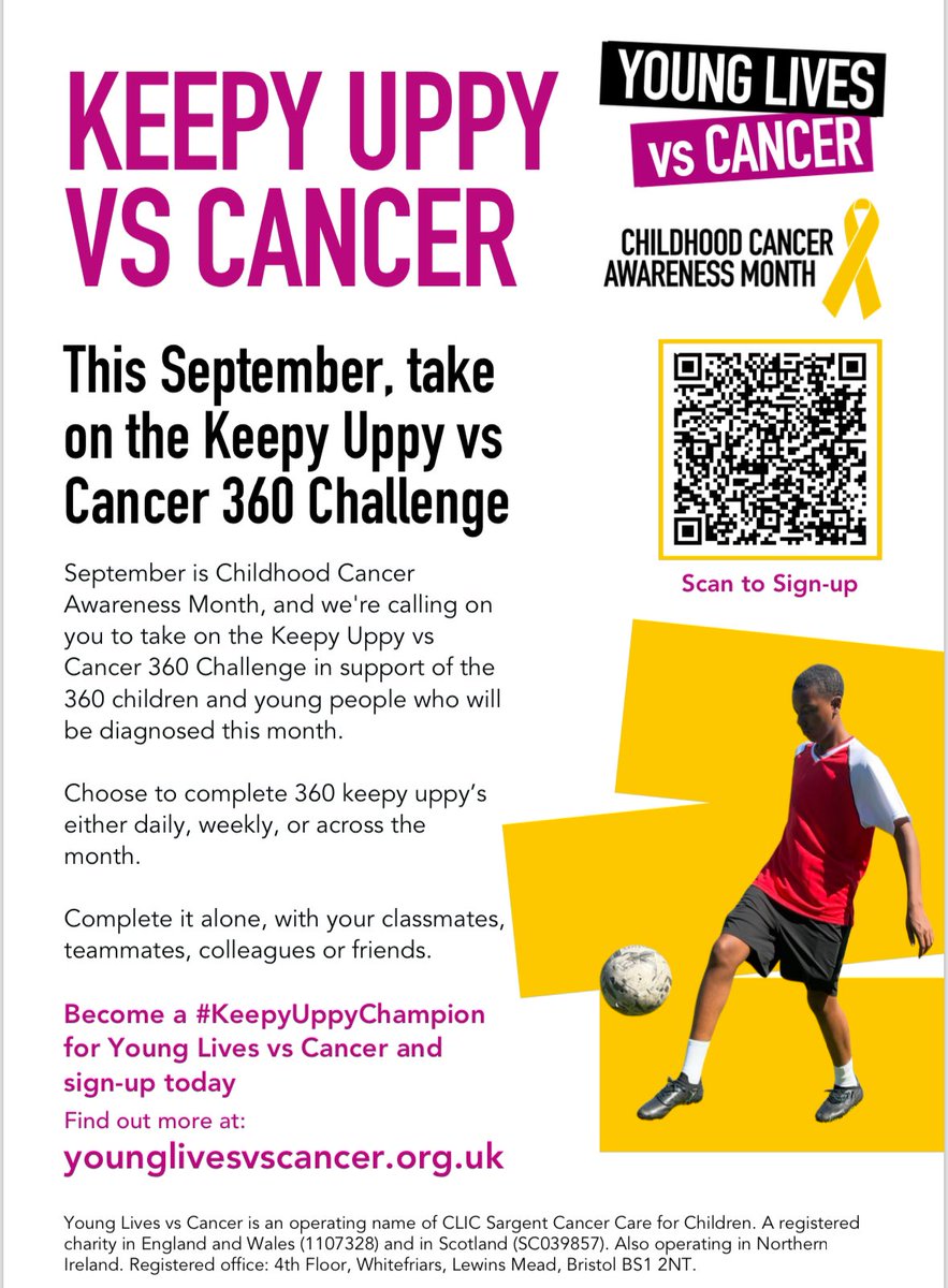September is Childhood Cancer
Awareness Month, and we're calling on
you to take on the Keepy Uppy vs
Cancer 360 Challenge in aid of our charity partners <a href="/YLvsCancer/">Young Lives vs Cancer</a>