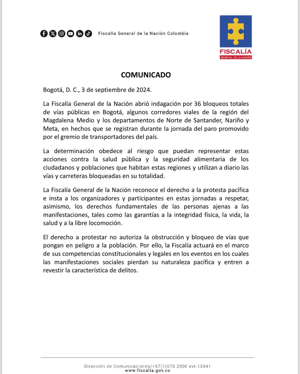 #Fiscalía abre indagación por el bloqueo total de 36 vías durante el paro del gremio de transportadores, en hechos que afectan a #Bogotá, #MagdalenaMedio, #NortedeSantander, #Nariño y #Meta. <a href="/FiscaliaCol/">Fiscalía Colombia</a> indaga la eventual amenaza a la salud pública y la seguridad alimentaria.
