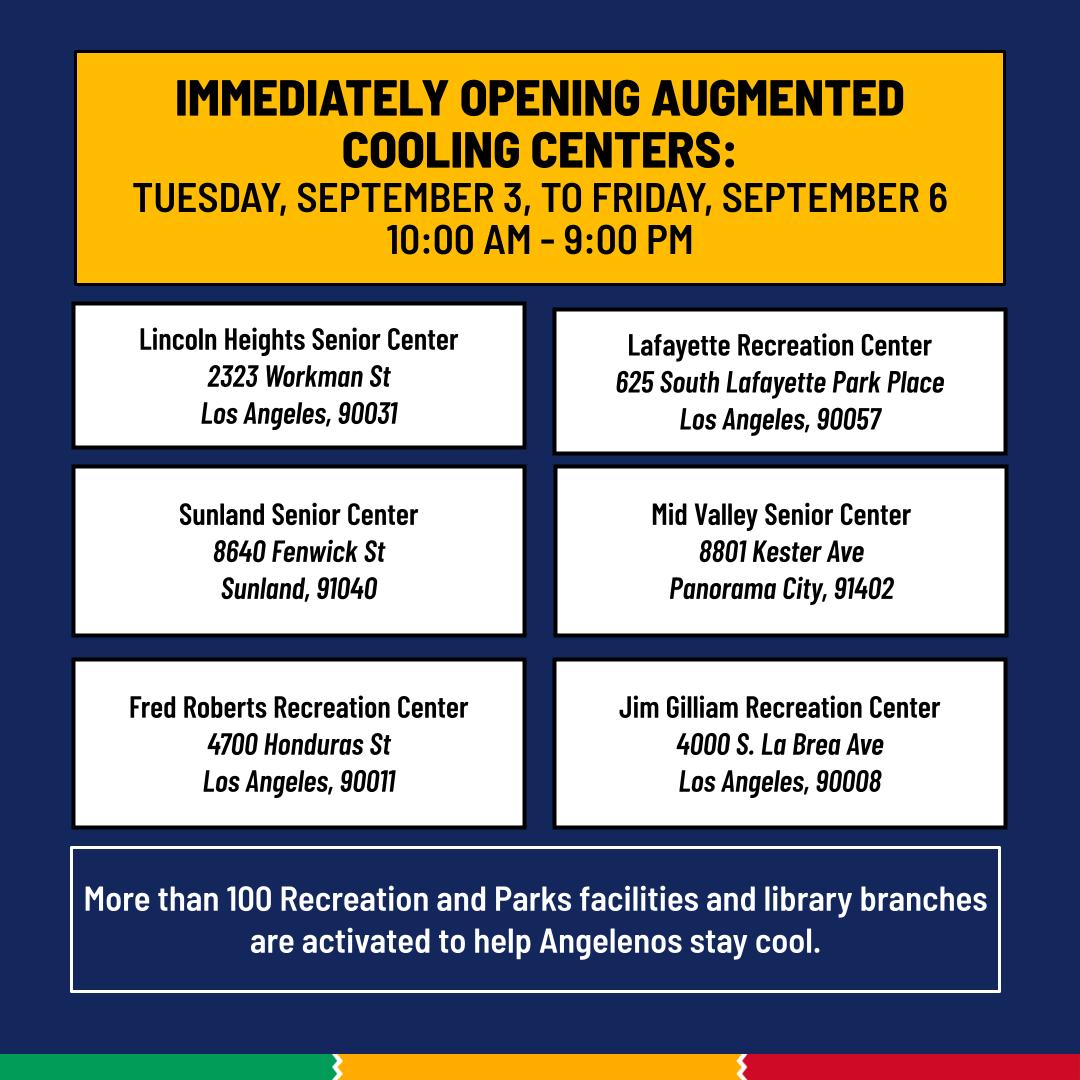 Mayor Karen Bass (@mayorofla) on Twitter photo Lafayette Recreation Center is now open as a cooling center.
More than 100 <a href="/LACityParks/">City of LA Department of Recreation and Parks</a> and <a href="/LAPublicLibrary/">L.A. Public Library</a> facilities have been activated to help Angelenos access relief from the heat in Los Angeles.
Find a cooling center near you: Emergency.LACity.org/Updates. Lafayette Recreation Center is now open as a cooling center.
More than 100 <a href="/LACityParks/">City of LA Department of Recreation and Parks</a> and <a href="/LAPublicLibrary/">L.A. Public Library</a> facilities have been activated to help Angelenos access relief from the heat in Los Angeles.
Find a cooling center near you: Emergency.LACity.org/Updates.