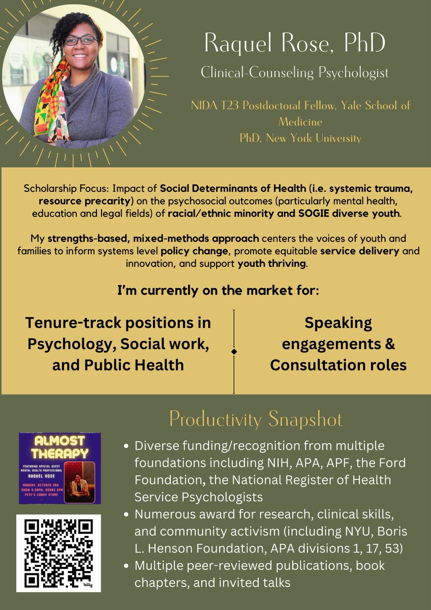 📢 I'm on the job market!! Seeking academic positions in Psychology (Clinical/Counseling), Social work, and Public Health in departments that value community-engaged policy relevant work. 📢

I'm also a pretty cool colleague who on hikes will make you look awesome in comparison