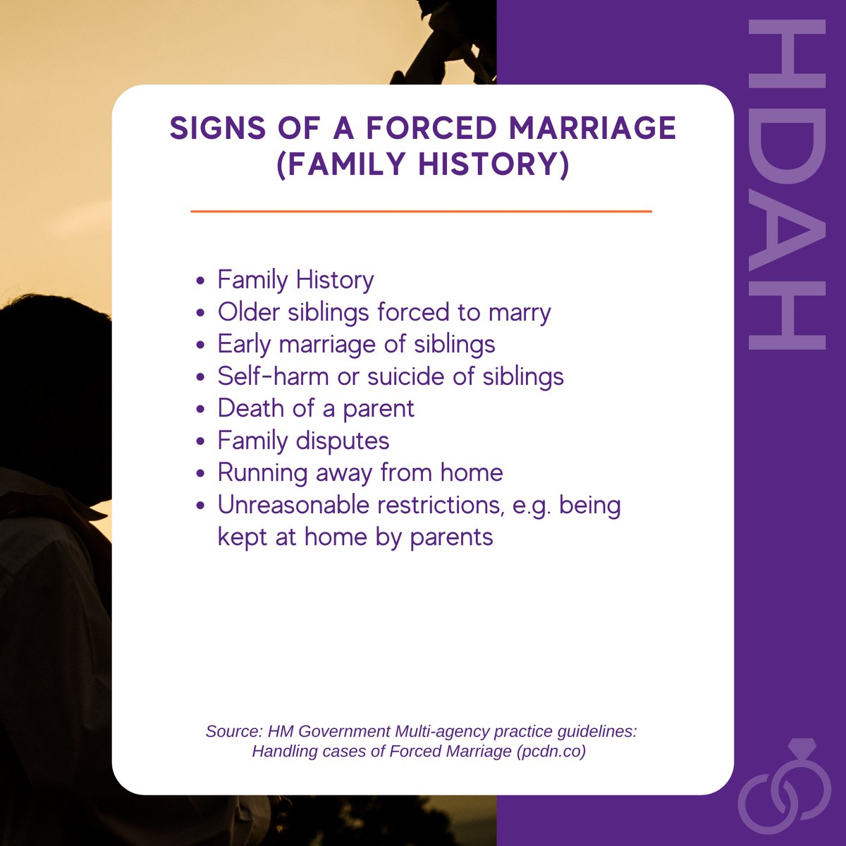 Are you worried that someone is involved in a forced marriage? Or simply looking to improve your knowledge on the subject?

Here are a few slides on different signs of a forced marriage in different contexts such as employment &amp; health.

#forcedmarriage #domesticabuse