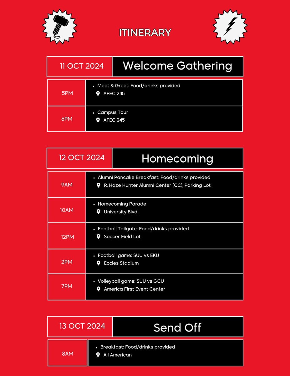 🚨Calling all SUU WBB Alumni!🚨

Come join us on Homecoming weekend Oct. 11-13. We can’t wait to connect with all of our alumni!⚡️🐦 #TBirdNation ⚡️ #RaiseTheHammer ⚡️ #ALLINALLOUT