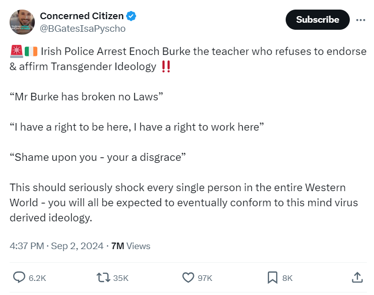 Care2much18's tweet photo. All of this is outright disinformation  🤦‍♂️ 

There's a good reason he's arrested and it's unrelated to any suspicion he's a self-centered egomaniac, in love with the sound of his own voice  😂

I'll go through some legal rulings in this case and the law generally in Ireland. /1 https://t.co/tuknfb61g6