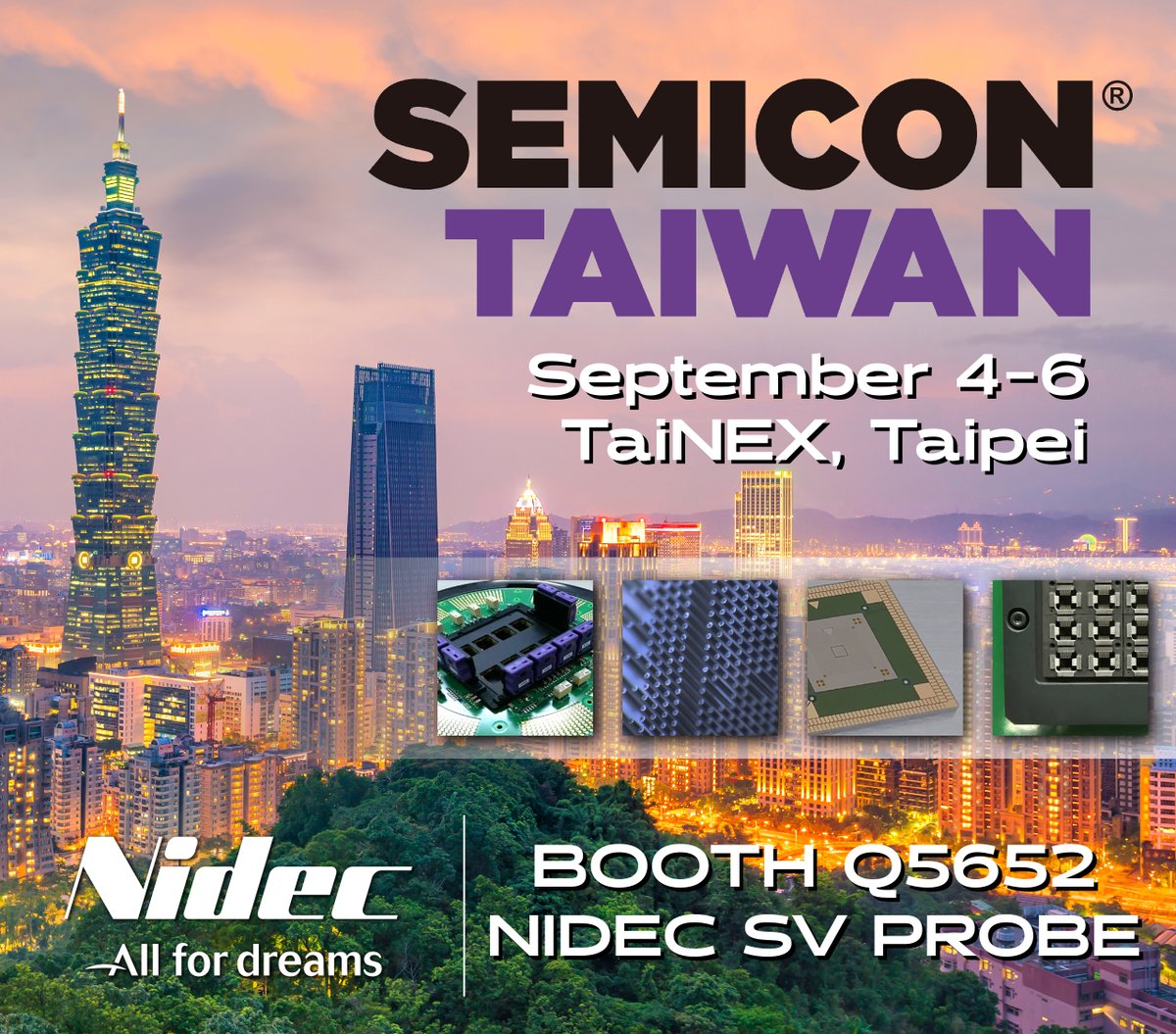 nidecsvprobe's tweet image. SEMICON Taiwan will be opening soon! Visit us at the Nidec Advance Technology booth, Q5652. Our partner, Synergie Cad Group, will also be exhibiting so make sure to stop by their booth too, K2682. 🤝

#SEMICONTaiwan #probecards #semiconductortest #MEMS #PCBA #partnership