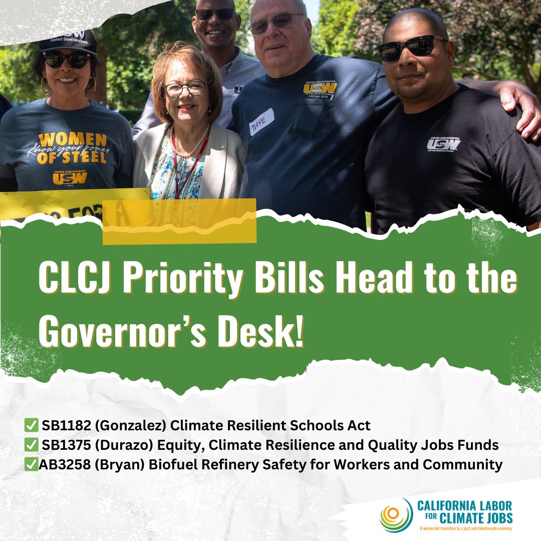 CALabor4ClimateJobs (@c_l_c_j) on Twitter photo All CLCJ priority bills are heading to the Governor's desk! 🥳
These policies are critical for:
➡️ Protecting workers from climate hazards 🔥
➡️ Protecting workers in transitioning industries 🚙
➡️ Ensuring good jobs in the low carbon economy ✊🏽 All CLCJ priority bills are heading to the Governor's desk! 🥳
These policies are critical for:
➡️ Protecting workers from climate hazards 🔥
➡️ Protecting workers in transitioning industries 🚙
➡️ Ensuring good jobs in the low carbon economy ✊🏽