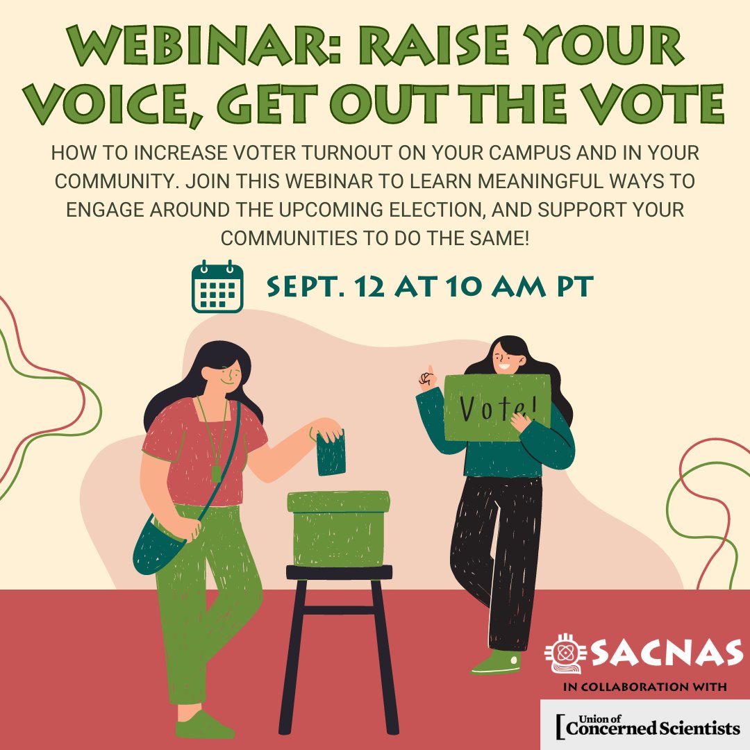 SACNAS's tweet photo. 🗳️🌟 Join us for the Raise Your Voice, Get Out the Vote webinar! 🌟🗳️

Hosted in partnership with the @UCSUSA this event is your chance to learn how YOU can engage in the election process, no matter your voter eligibility status! 🙌

📅 Register now! https://t.co/577EZGdz10 https://t.co/Jp119176hv
