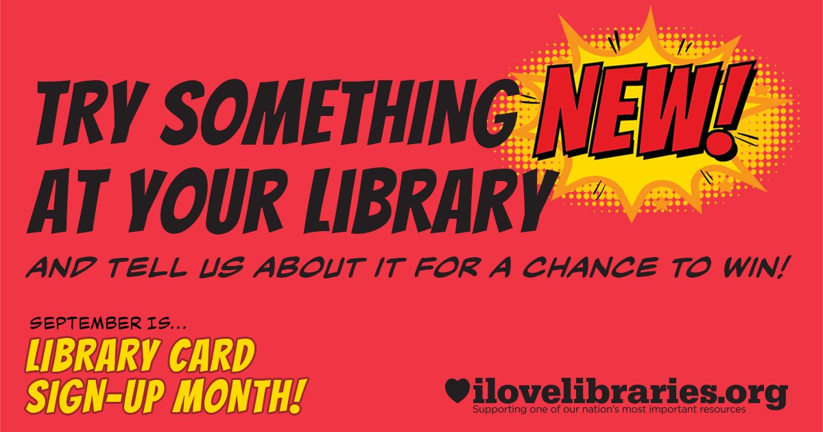 ILoveLibraries's tweet image. September is #LibraryCardSignUpMonth, so we&apos;re challenging you to try something new at your library—whether it&apos;s exploring a service, learning a skill, or getting your first library card. Share your experience with us for a chance to win!
Details here ➡️  ilovelibraries.org/try-something-…