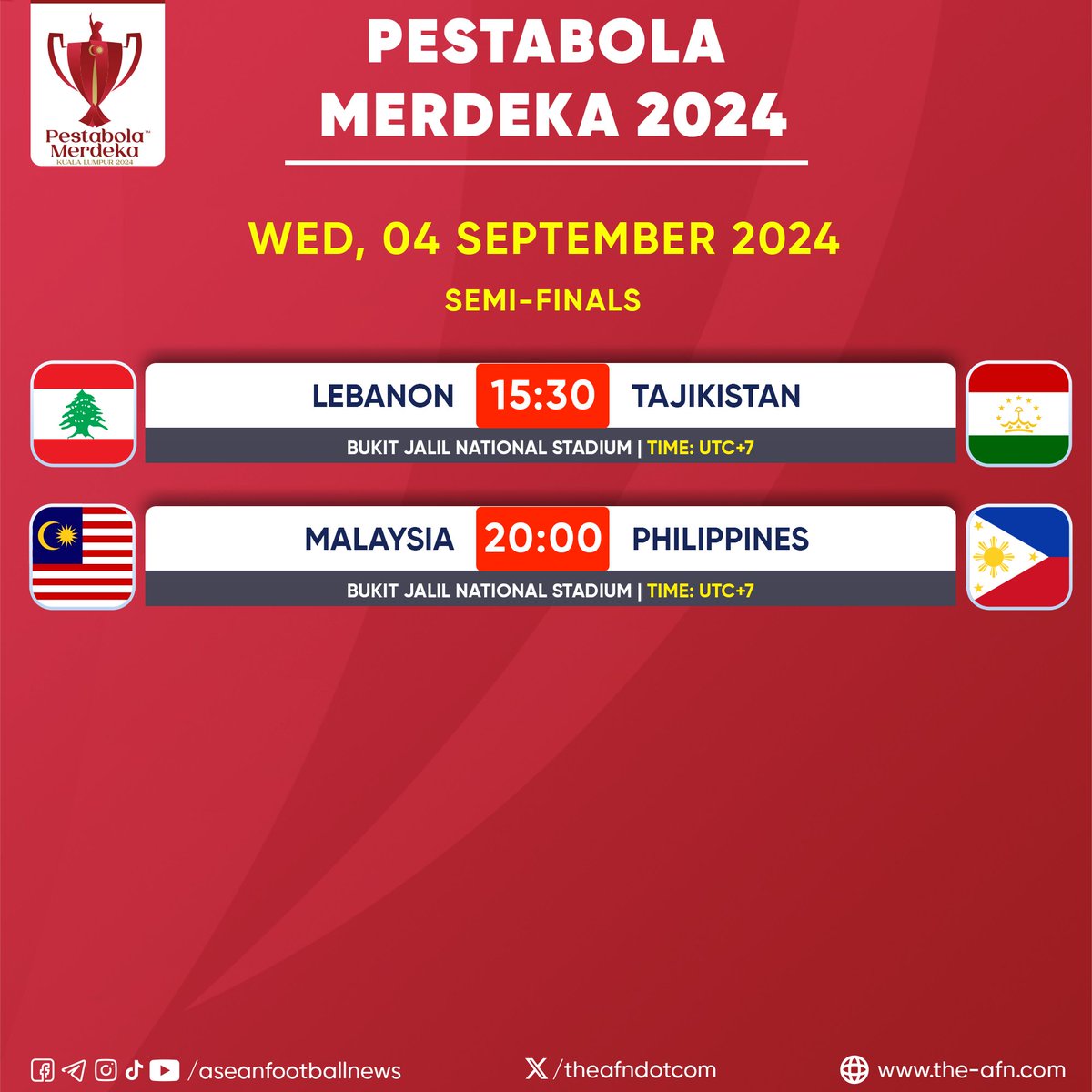 Pestabola Merdeka 2024 🗓 Wed, 04 Sep 2024 | Semi-Finals (⏰ 15:30) Lebanon  🇱🇧 vs 🇹🇯 Tajikistan (⏰ 20:00) Malaysia 🇲🇾 vs 🇵🇭 Philippines ------  #Merdeka2024