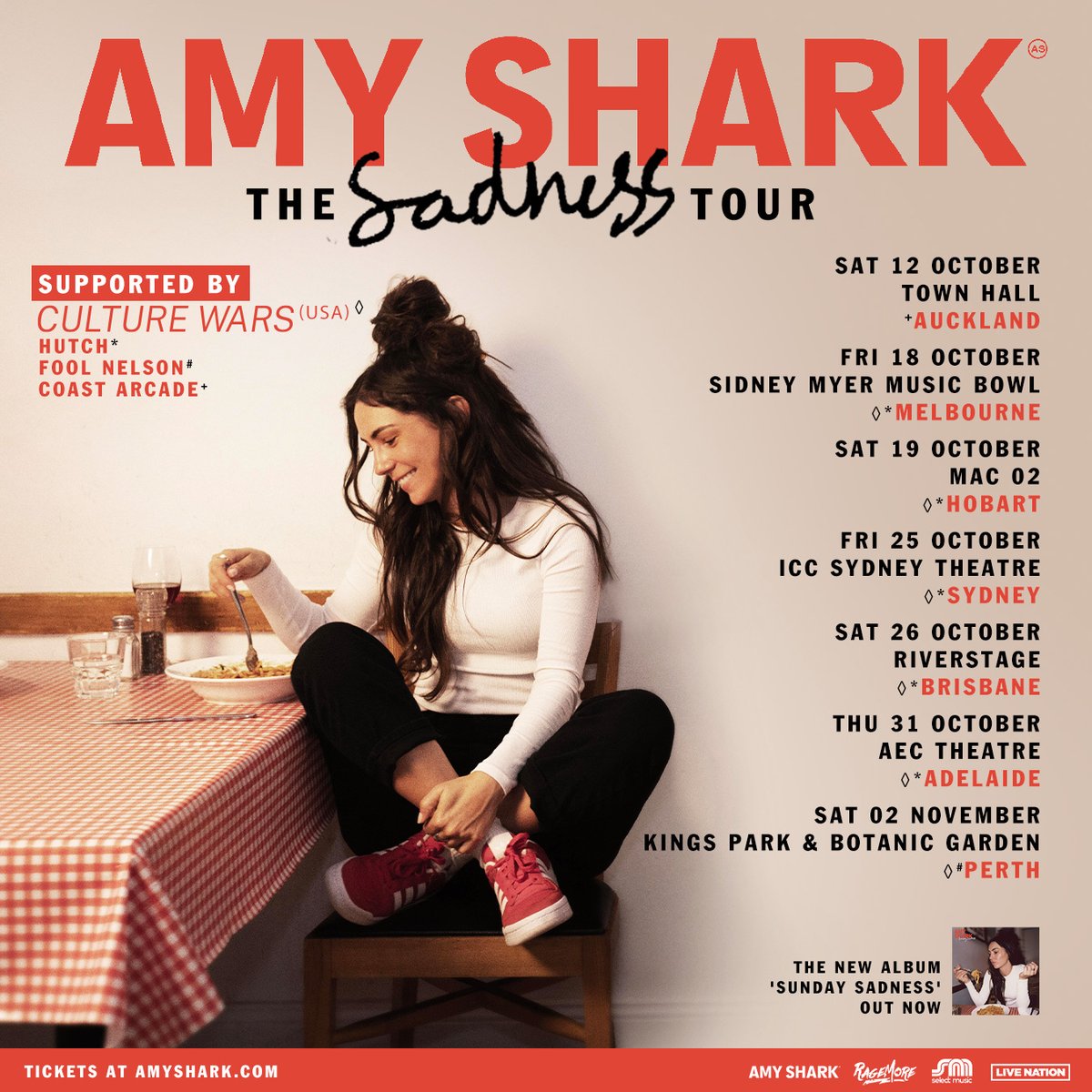 LiveNationAU's tweet photo. 🚨 @amyshark announces @CultureWars_, @bandofhutch, and #FoolNelson as support acts for her upcoming The Sadness Tour. Tickets available: https://t.co/g7wQOLrxZe https://t.co/7CXVWFHW9D