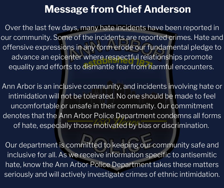 A2Police's tweet image. Message from Police Chief Andre C. Anderson