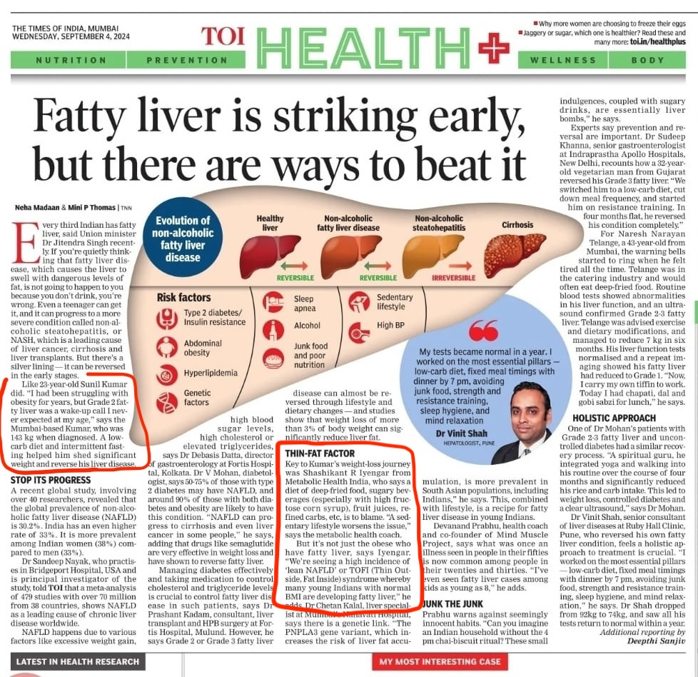 shashiiyengar's tweet image. I am happy to inform you that I am featured in the national health column of the Times of India called as “TOI health” today, September 4th, 2024. 

My client's success story of reversing grade II fatty liver through a low-carb diet and fasting is highlighted, along with my views…