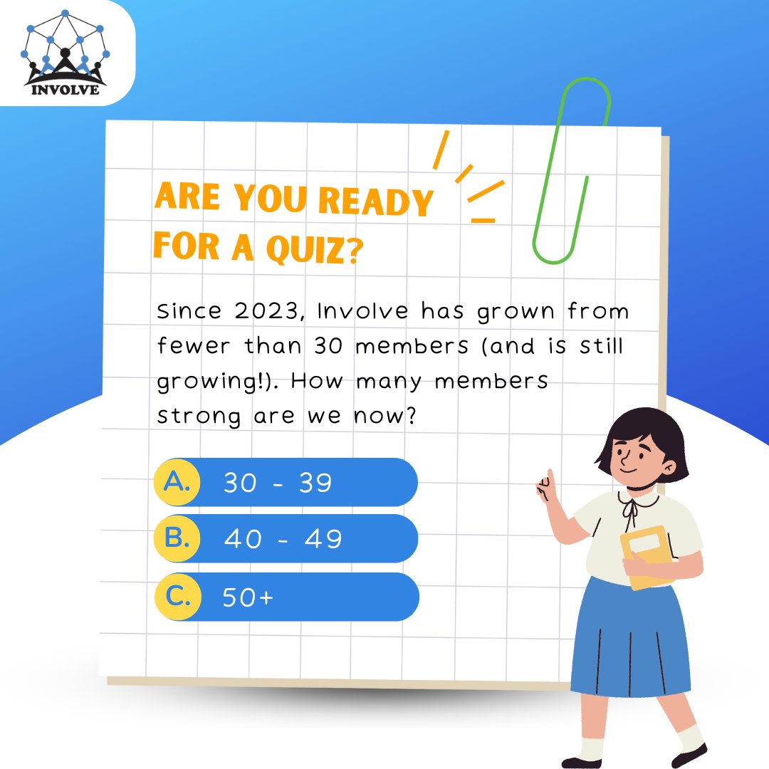 Quiz Time! 🚀 In 2023, Involve had fewer than 30 members. How many members strong are we now in 2024? Comment your guess! 🎉 Stay tuned for our Impact Report and the answers to today's quiz!