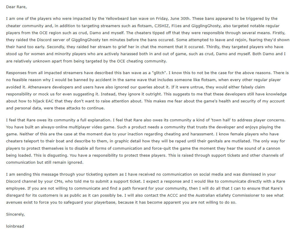 It's time for you to own up, <a href="/RareLtd/">Rare Ltd.</a>. After your Discord moderators waved us away, I submitted the attached support ticket. I am reposting it publicly in case it is similarly dismissed. #SeaOfThieves is not fit for sale and is a danger to its target audience: children.  (1/9)