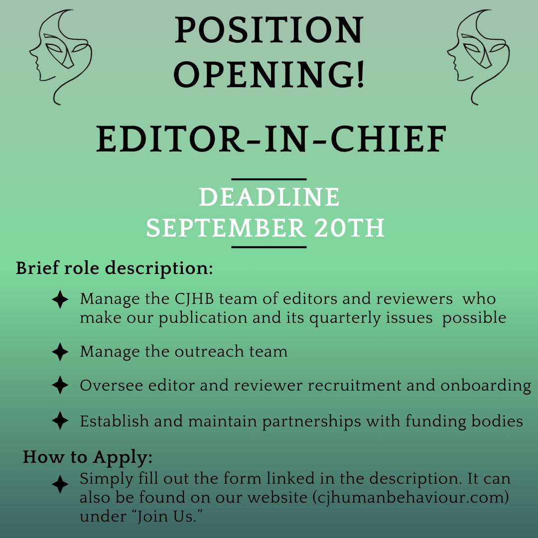 CJofHB's tweet image. 📢Position Opening📢

Editor-in-Chief

Apply here: forms.gle/8Q6FBRe8aaj8Ww…

If you have any questions, email us at cjhumanbehaviour@gmail.com or visit our website: cjhumanbehaviour.com.