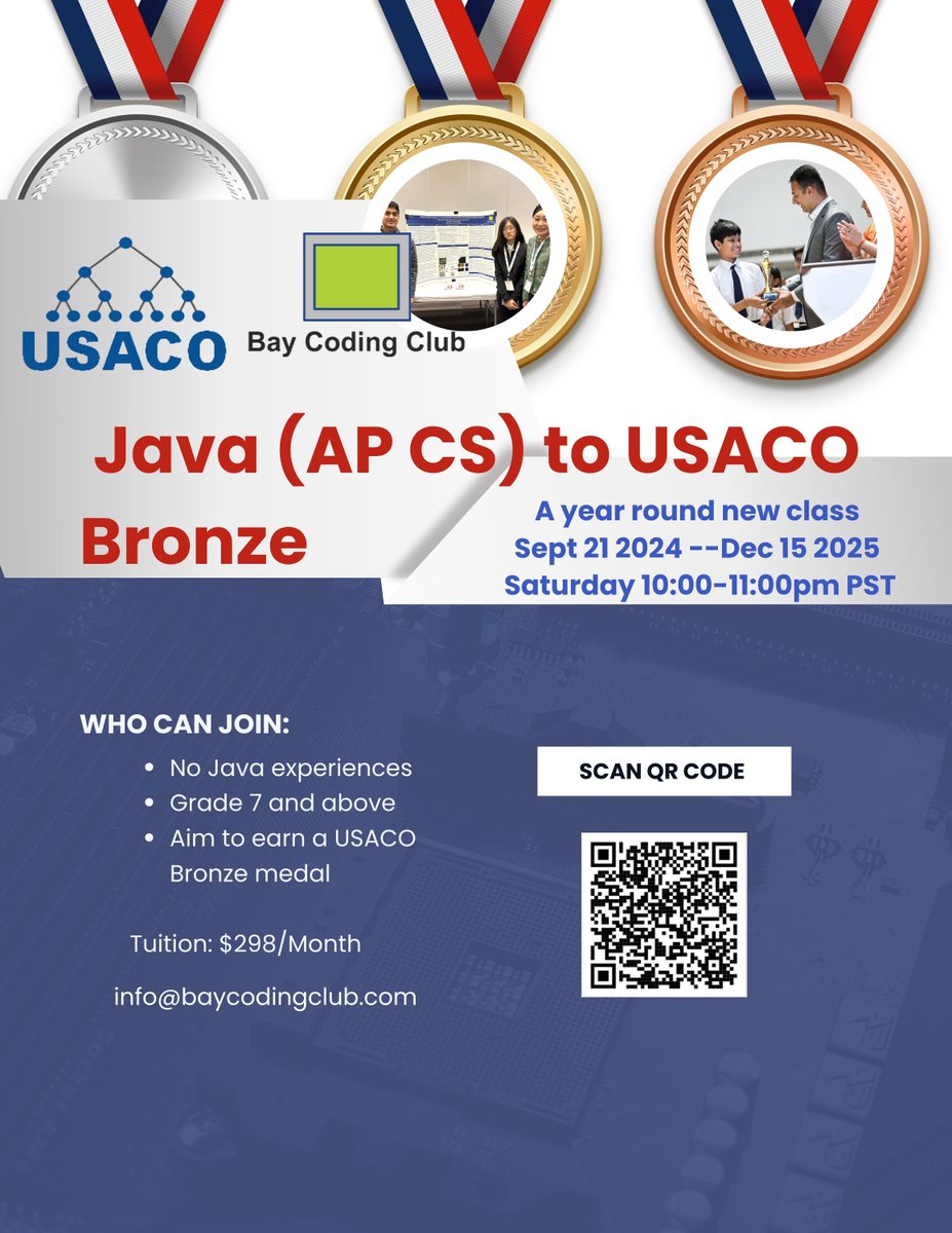 coding_bay's tweet image. 🌟 Java (From Zero to AP CS to USACO Bronze - Long-Term Program for G7 and Up) 🌟 is now open for registration!
📅 Start Date: September 21st, 2024
🕒 Schedule: Every Saturday, 10:00-11:00 am PST
💲 Cost: $298/Month
👉 Register Here:lnkd.in/gHn6pNWA