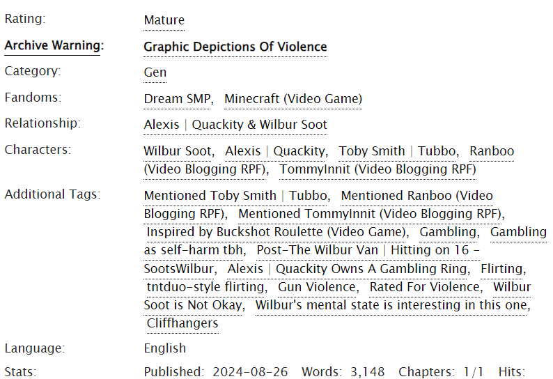 Buckshot Roulette

3.1k words
Canon-divergent post-"The Wilbur Van" c!TNTduo
Warning: Mentions of violence, hints at mental health problems and harmful coping mechanisms
WSS not welcome!!

archiveofourown.org/works/58465258