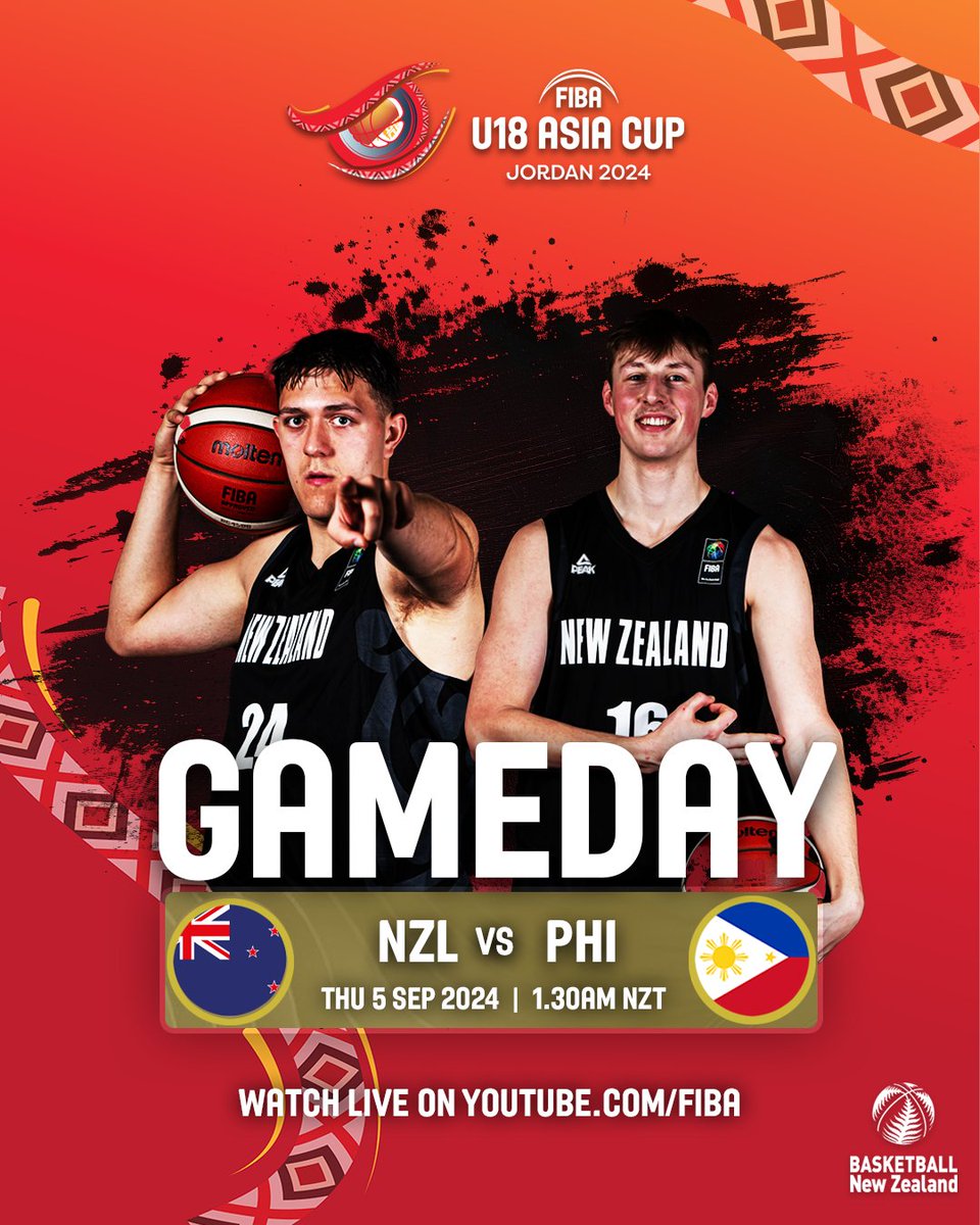 ⏰ Set your alarm clocks for 1.30am NZT tomorrow morning - that's when the Junior Tall Blacks take on the Philippines in their 3rd &amp; final group game at the FIBA U18 Men’s Asia Cup in Jordan!

📆 NZL vs PHI, 1.30am NZT, Thu 5 Sep

📺 All games streamed at www.youtube/FIBA